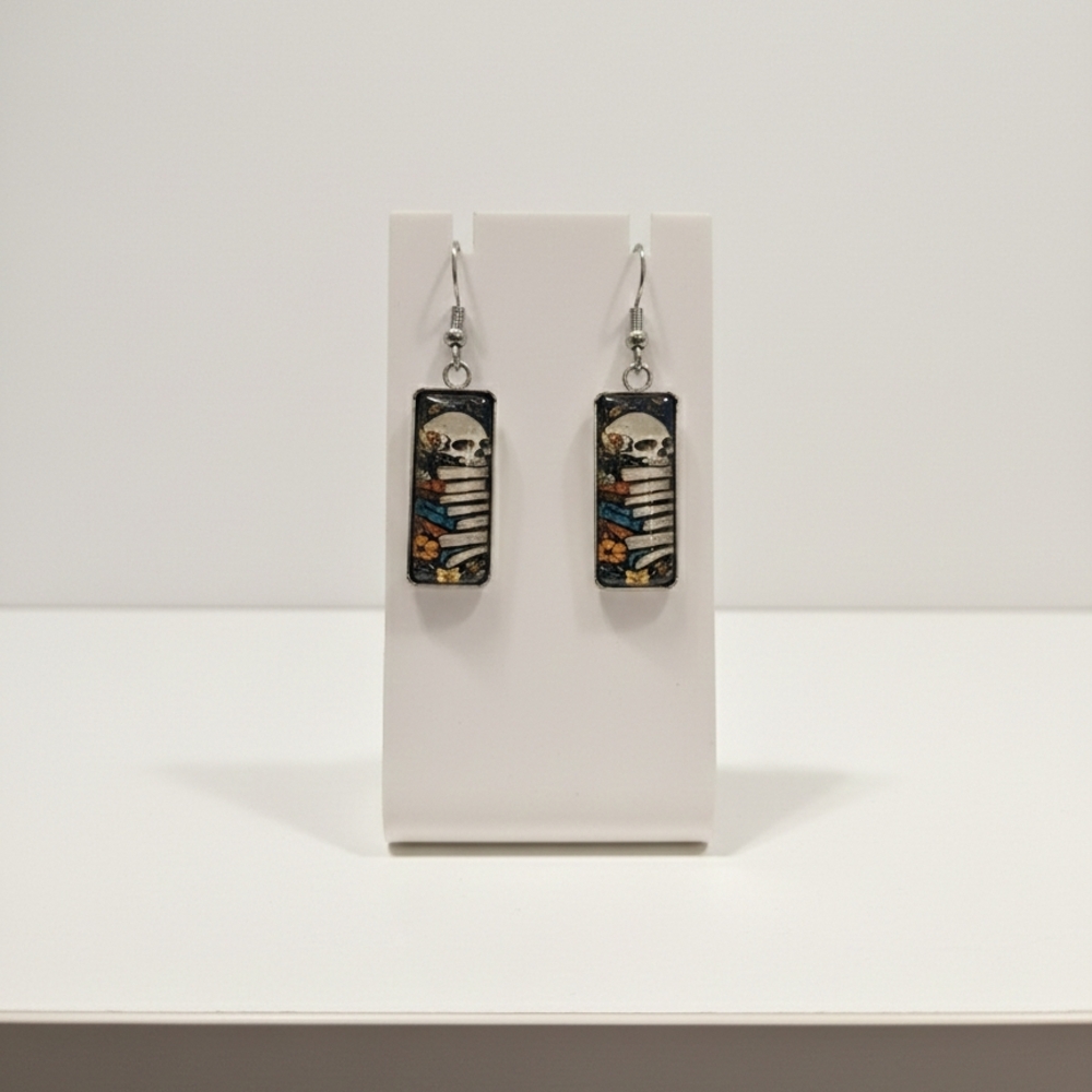 NEW Skull and Book Stack Dangle Earrings